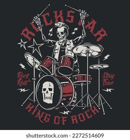 Rockstar skeleton drummer colorful poster with musician performing hard rock during concert or festival for hardcore culture vector illustration