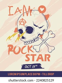 Rockstar Skull Poster Music Concert with Vintage Style Illustration 