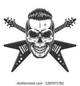 Rockstar skull with trendy hairstyle and crossed electric guitars in vintage monochrome style isolated vector illustration