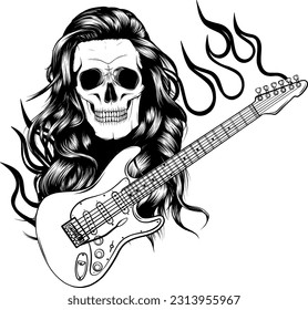 Rockstar skull with trendy hairstyle and crossed electric guitars in vintage monochrome style isolated vector illustration