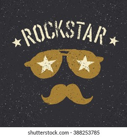 Rockstar. Sonnenbrillen mit Sternen und Schnurrbart mit Buchstaben. Designvorlage für den Druck