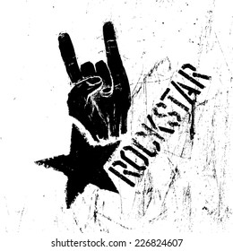 Rockstar symbol with sign of the horns gesture. Vector template with scratched texture.