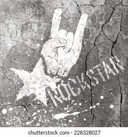 Rockstar symbol with sign of the horns gesture. Vector template with concrete texture.