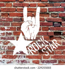 Rockstar-Symbol mit dem Zeichen der Hörner Geste. Vektorvorlage mit Ziegelwandstruktur.