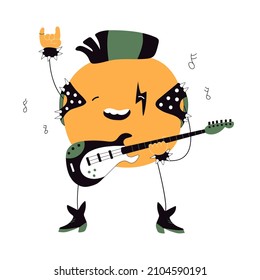Rockstar tangerine playing guitar. Character may be used as t-shirt print, baby shower invitation card, for surface design, posters and more. Three colors, flat cartoon illustration.