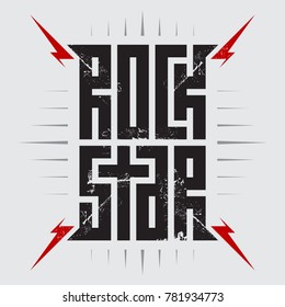 Rockstar - T-shirt Design For Woman Or Man. T-shirt Apparels Cool Print For Girls. Rock Star - Music Poster With Red Lightnings.