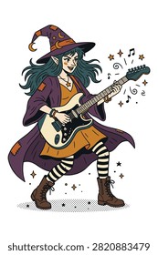 Rockstar witch playing electric guitar on stage, concert performance.