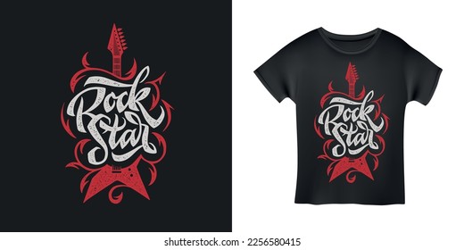 Rockstar word t-shirt design typography. Creative hand drawn lettering art. Rock related text. Vector vintage illustration.