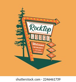 Rocktop lodge motel signage illustration with neon light arrow design