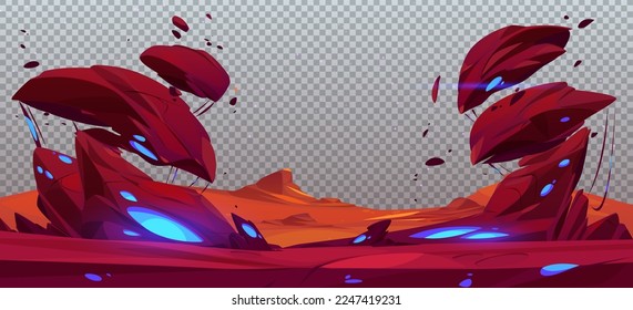 Rocky alien planet landscape design element isolated on transparent background. Red space desert background with stones and craters glowing with neon blue light inside. Cartoon vector illustration