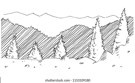 Rocky alpine mountain scenery landscape, with rocks, in engraving etching hand drawn sketch style, for extreme sport,  mountaining, adventure traveling  and  tourism design