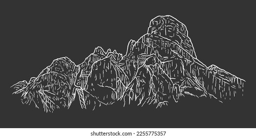 Rocky alpine mountain scenery landscape, ink sketch style isolated on black background