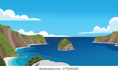 Rocky Bay Bali Beach Flat Design Illustration