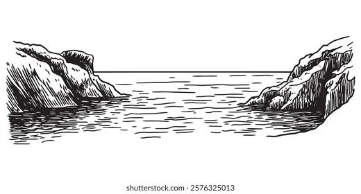 rocky bay with calm water and cliffs in black sketch outline