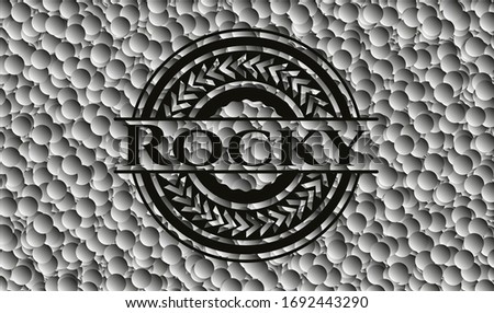 Rocky black badge with grey bubbles background. Vector Illustration. Detailed.