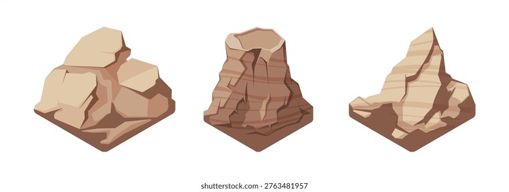 Rocky blocks and massive stone formations set. Vector isolated isometric mountains. Landforms with geological structure and terrain composition. Nature construction and environment modeling