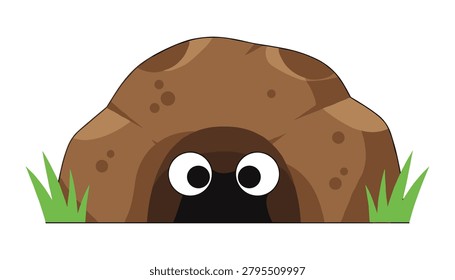 Rocky cave opening with curious eyes in the grass creature wildlife entrance