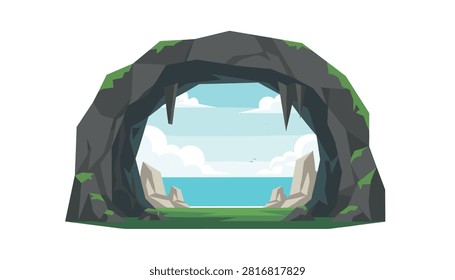Rocky cave opening framing a beautiful view of a calm blue ocean with rocks on a sunny day with clouds in sky.