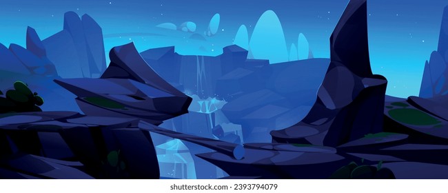 Rocky cliff with bridge made of wooden log at night time. Cartoon vector midnight mountain landscape with suspension road over chasm near waterfall. Precipice with dangerous walkway above river.