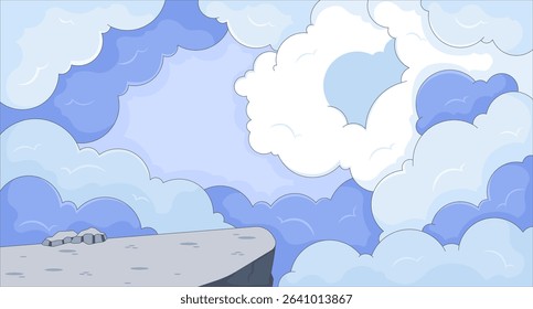Rocky cliff edge against sky with heavenly fluffy clouds flat illustration background. Divine heaven. Dreamy cloudscape fantasy landscape 2D cartoon backdrop. Colorful scene vector art image