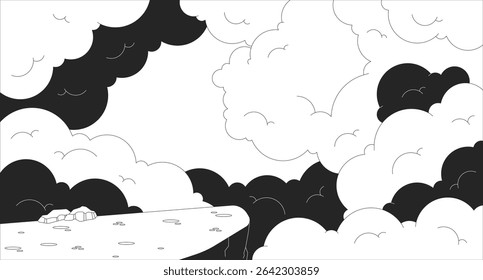Rochoso penhasco borda contra o céu com nuvens celestiais macias linha ilustração pano de fundo. Céus divino. Sonhador paisagem de fantasia paisagem de nuvem 2D tinta contorno monocromático fundo. Vetor linear
