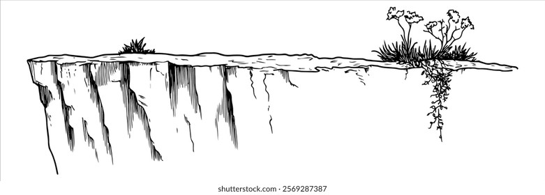 rocky cliff edge with sparse vegetation and cracks hand drawn doodle sketch