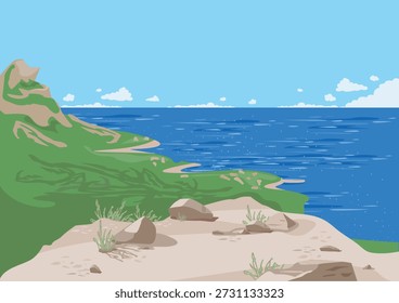Acantilado rocoso con un camino sobre la orilla del mar. Vacaciones de verano en el mar. Hermoso paisaje marino. Ilustración vectorial.
