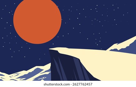 Rocky Cliff Top Nature Landscape Adventure with Full Moon in Night Sky