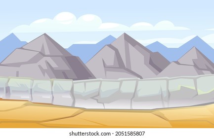 Rocky cliffs. Cross gorge. Failure with an abyss. Desert natural landscape with stones. Horizontal composition. Illustration in cartoon style flat design. Vector.