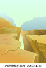 Rocky cliffs. The edge of a bottomless abyss. Mountain fog. Desert natural landscape with stones. Illustration in cartoon style flat design. Vector.