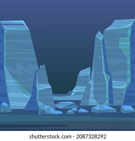 Rocky cliffs. Night dark natural landscape with stones. Illustration in cartoon style flat design. Darkneess sceneery. Vector