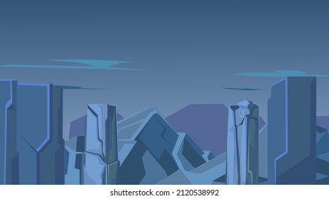 Rocky cliffs. Night dark natural landscape with stones. Illustration in cartoon style flat design. Darkneess sceneery. Vector.