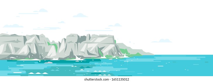 Rocky cliffs ocean landscape background in flat style, sea panorama of beach coast in simple geometric form, sea waves crashing of gray rocky coast