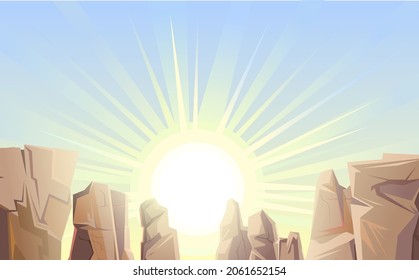 Rocky cliffs. Peaks of rocky mountains. Stone landscape. lights of a sun. Illustration vector.