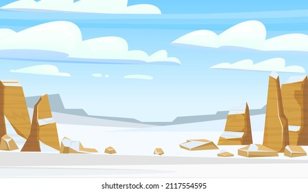 Rocky cliffs. Snowy desert. Horizontal composition. Desert natural landscape with stones. Illustration in cartoon style flat design. Vector.