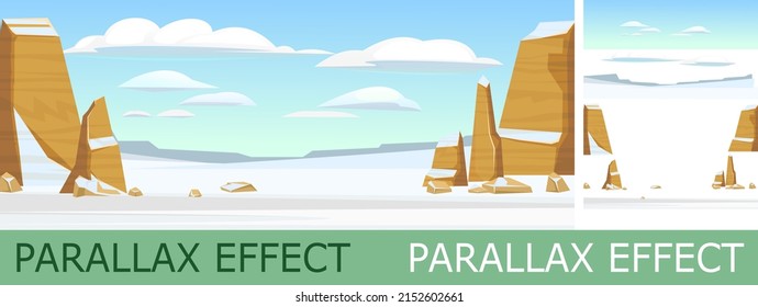 Rocky cliffs. Snowy desert with parallax effect. Desert natural landscape with stones. Illustration in cartoon style flat design. Horizontal composition. Vector.