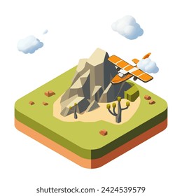 Rocky Cliffside Formation Isometric Field with Airplane Flying Above in Scenic Landscape