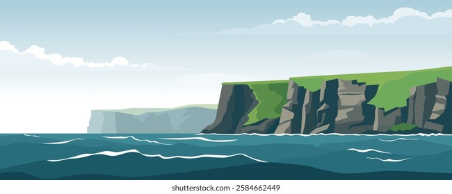 Rocky coast vector illustration. Beautiful landscape of rocky coast and sea. Steep cliffs and ocean. Scandinavian mountains and waters. Northern Islands.