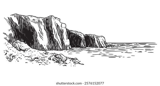 rocky coastal cliffside landscape illustration with detailed black ink hatching