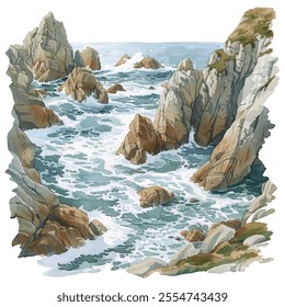 rocky coastline with foam vector illustration in watercolor style