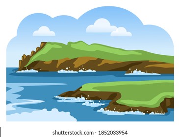 Rocky coastline with sea foam. Sea landscape. Sea scenic view. Colorful vector illustration.