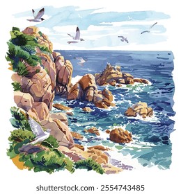 rocky coastline with seagulls vector illustration in watercolor style