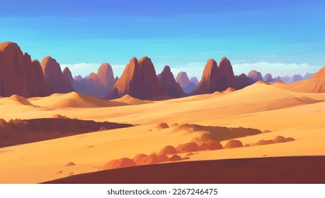 Rocky Desert with Canyons Detailed Hand Drawn Painting Illustration