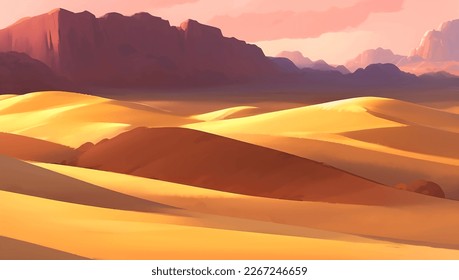 Rocky Desert with Canyons during Sunrise or Sunset Detailed Hand Drawn Painting Illustration