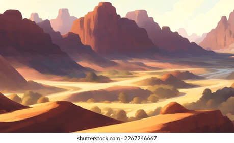 Desierto rocoso con cañones durante el amanecer o el atardecer Ilustración de pintura dibujada a mano