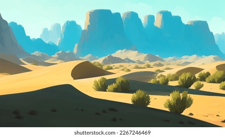 Rocky Desert with Canyons and a Few Bushes Detailed Hand Drawn Painting Illustration