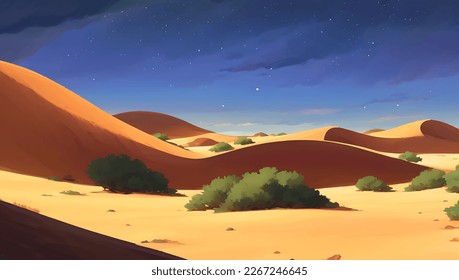 Rocky Desert with Some Bushes during Night Detailed Hand Drawn Painting Illustration