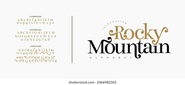 Rocky elegant font alphabet uppercase lowercase and number. Classic lettering minimal fashion designs. Typography modern serif fonts regular decorative vintage concept. Vector illustration