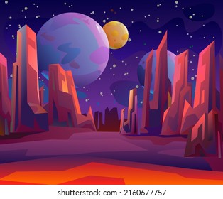 Rocky fantasy landscape. Satellite planets in space. Starry night sky. Beautiful stone scenery. Cartoon flat style design. Vector.