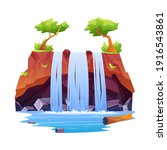 Rocky hill fountain scene with trees on top isolated tropical or jungle scenery. Vector waterfall, nature fluid splashes and drops. Natural landscape falling river water or mountain fall, aqua cascade